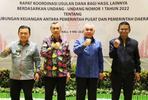 Gubernur Kaltim Dr. H. Isran Noor (2 kanan) bersama Gubernur Sulawesi Tengah Rusdy Mastura (kanan), Gubernur Jambi Al Haris (kiri), dan Gubernur Riau Syamsuar (2 kiri) dalam Rakor Usulan Bagi Hasil Dana Lainnya Berdasarkan UU Nomor 1 Tahun 2022. (foto : Exclusive)