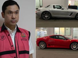 Tersangka HM denga 2 unit Mobil Ferrari tipe 458 Speciale dan 360 Challenge Stradale yang disita Penyidik. (foto: Exclusive)