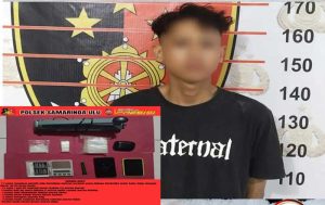 Tersangka DHS dengan barang bukti yang diamankan anggota Kepolisian Polsek Samarinda Ulu. (foto: Exclusive)